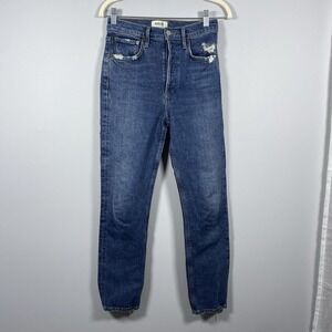 Agolde Blue Denim High Rise Button Fly‎ Riley Jeans Women's Sz 25 Distressed Hem